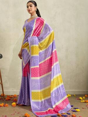 Purple printed satin fashion saree with blouse piece 2
