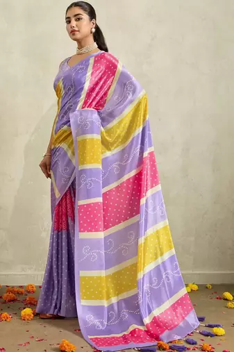Purple printed satin fashion saree with blouse piece