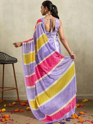 Purple printed satin fashion saree with blouse piece 3