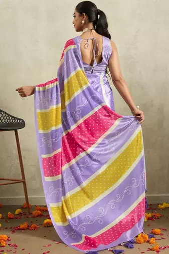 Purple printed satin fashion saree with blouse piece