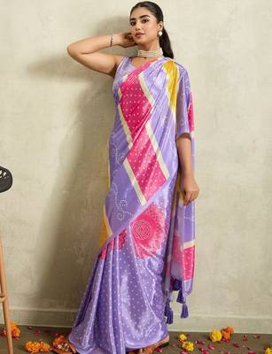 Purple printed satin fashion saree with blouse piece 4