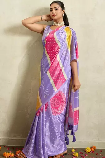 Purple printed satin fashion saree with blouse piece