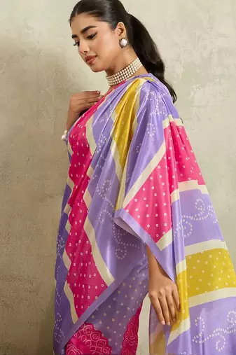 Purple printed satin fashion saree with blouse piece