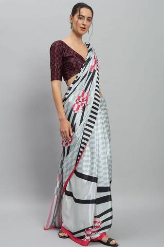 Pink printed satin fashion saree with blouse piece