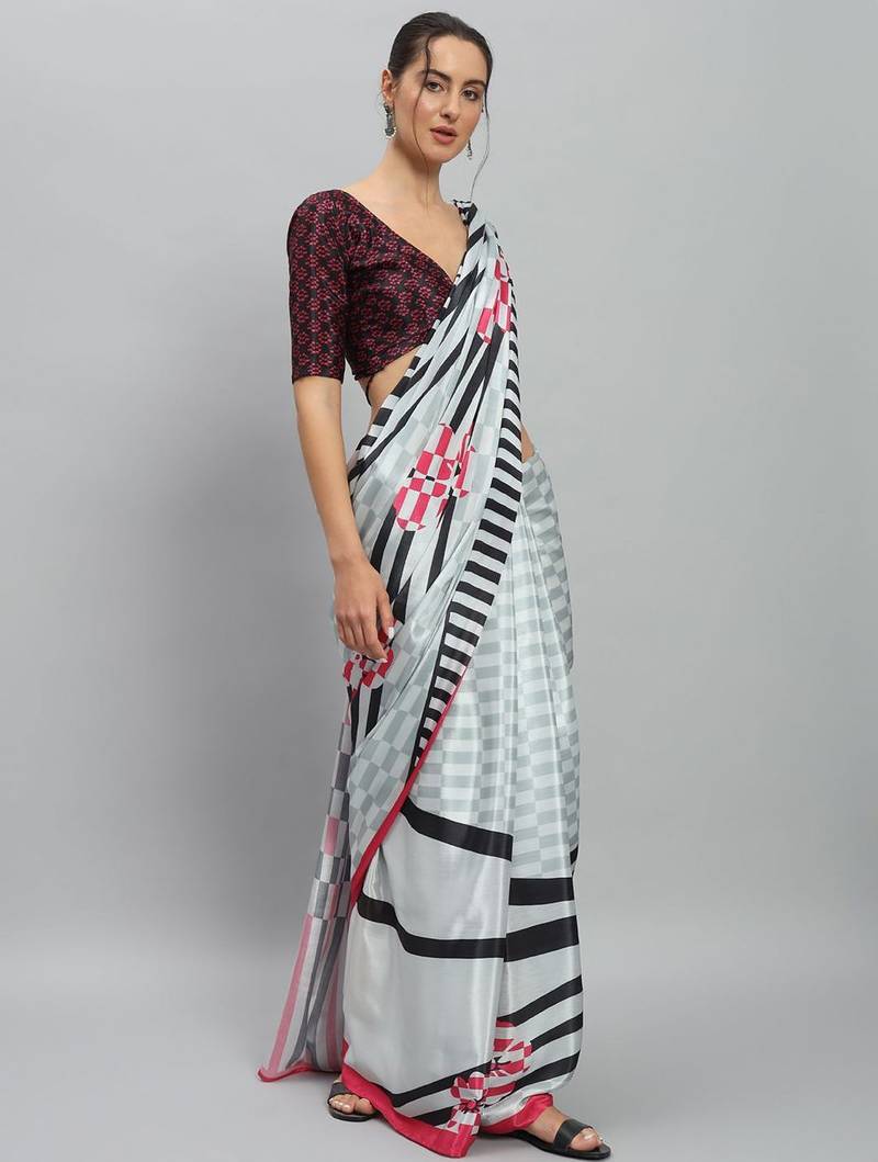 Pink printed satin fashion saree with blouse piece