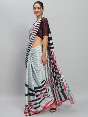 Pink printed satin fashion saree with blouse piece 2