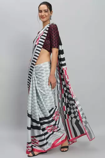 Pink printed satin fashion saree with blouse piece