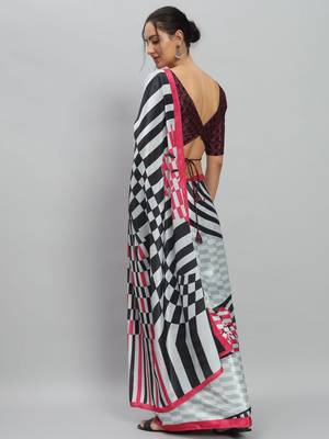 Pink printed satin fashion saree with blouse piece 3