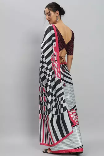 Pink printed satin fashion saree with blouse piece