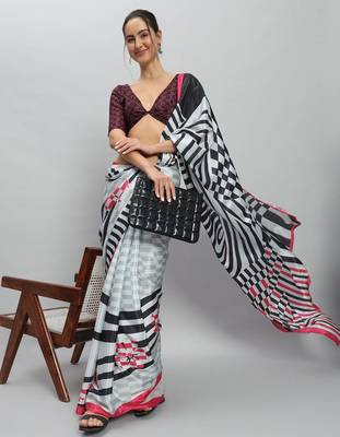 Pink printed satin fashion saree with blouse piece 4