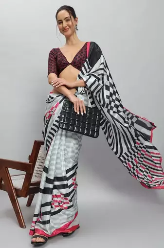 Pink printed satin fashion saree with blouse piece
