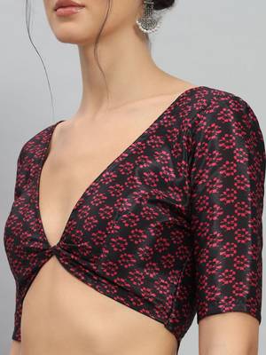 Pink printed satin fashion saree with blouse piece 5