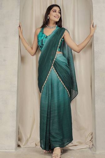 Sea green plain chiffon designer saree with blouse piece