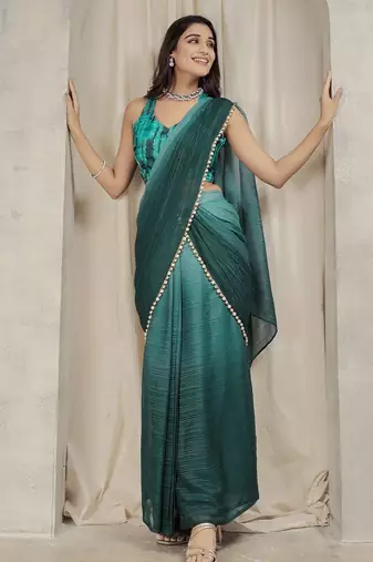 Sea green plain chiffon designer saree with blouse piece