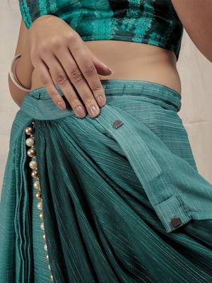 Sea green plain chiffon designer saree with blouse piece 3