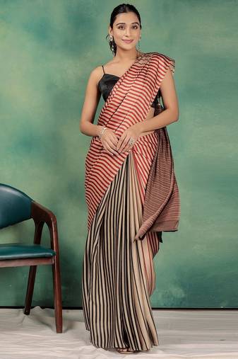 Gold printed satin fashion saree with blouse piece
