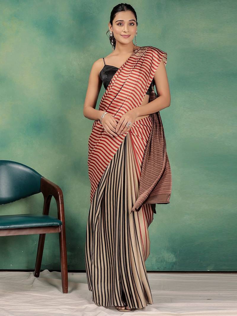 Gold printed satin fashion saree with blouse piece