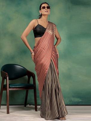 Gold printed satin fashion saree with blouse piece 2