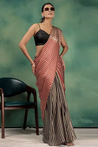 Gold printed satin fashion saree with blouse piece