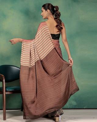 Gold printed satin fashion saree with blouse piece 3