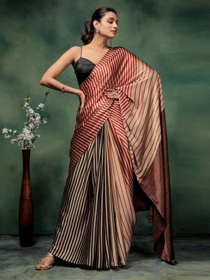 Gold printed satin fashion saree with blouse piece 4