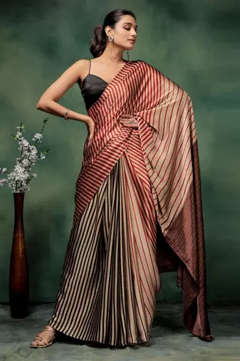 Gold printed satin fashion saree with blouse piece