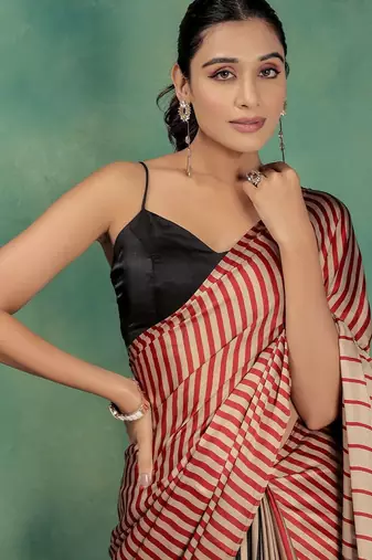 Gold printed satin fashion saree with blouse piece