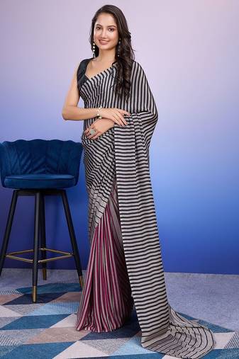 Silver printed satin fashion saree with blouse piece