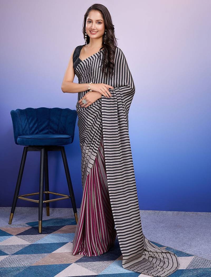 Silver printed satin fashion saree with blouse piece