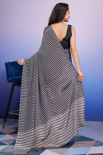 Silver printed satin fashion saree with blouse piece