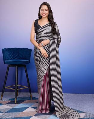 Silver printed satin fashion saree with blouse piece 3