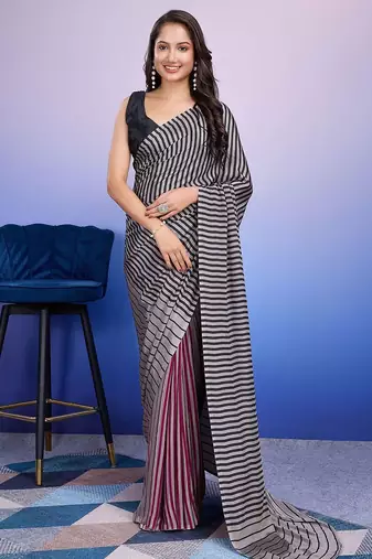 Silver printed satin fashion saree with blouse piece