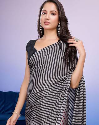 Silver printed satin fashion saree with blouse piece 4