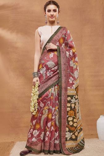 Maroon printed silk blend ethnic saree with blouse piece