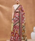 Maroon printed silk blend ethnic saree with blouse piece