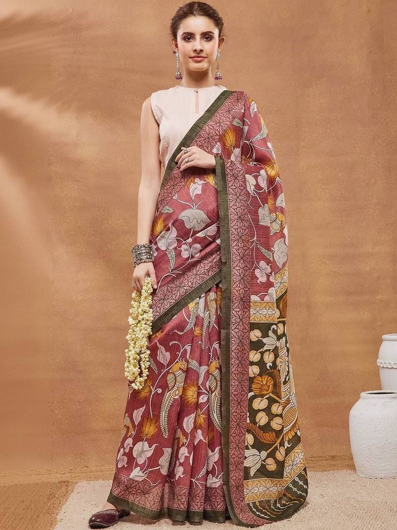 Maroon printed silk blend ethnic saree with blouse piece