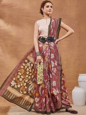 Maroon printed silk blend ethnic saree with blouse piece 2