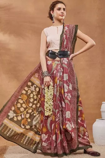 Maroon printed silk blend ethnic saree with blouse piece