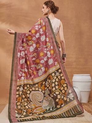 Maroon printed silk blend ethnic saree with blouse piece 3