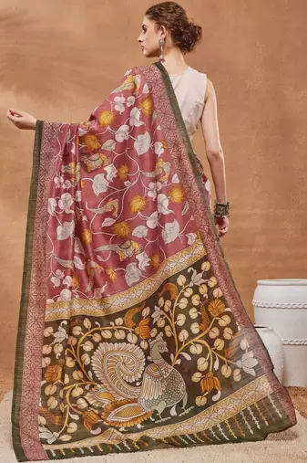 Maroon printed silk blend ethnic saree with blouse piece