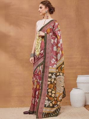 Maroon printed silk blend ethnic saree with blouse piece 5