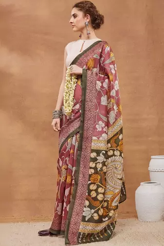 Maroon printed silk blend ethnic saree with blouse piece