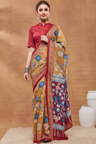 Mustard printed silk blend ethnic saree with blouse piece