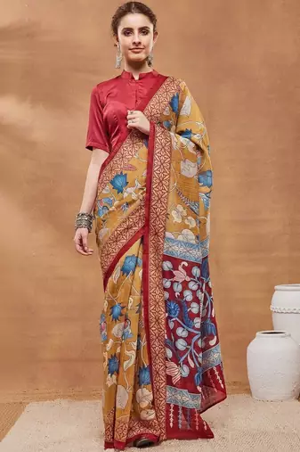 Mustard printed silk blend ethnic saree with blouse piece