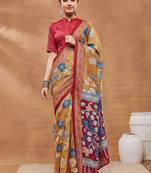Mustard printed silk blend ethnic saree with blouse piece