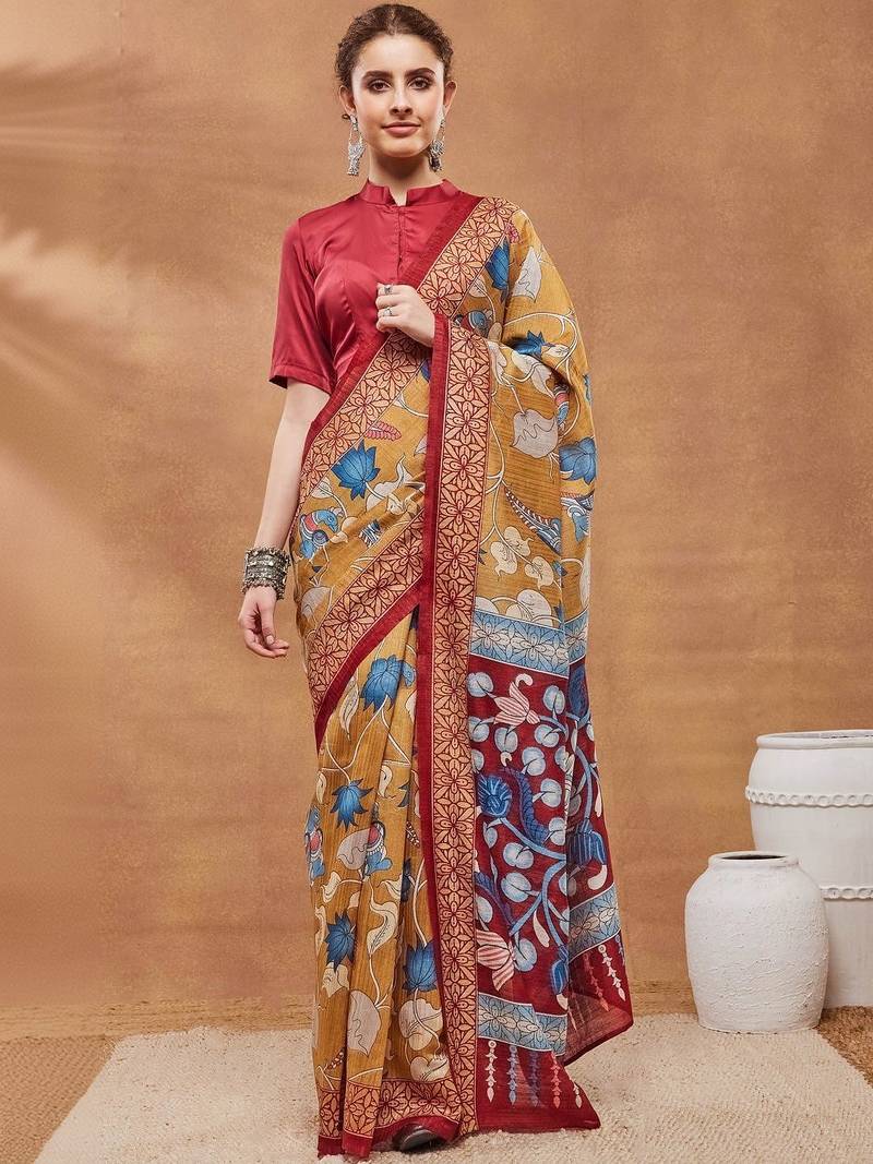 Mustard printed silk blend ethnic saree with blouse piece