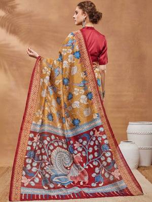 Mustard printed silk blend ethnic saree with blouse piece 2