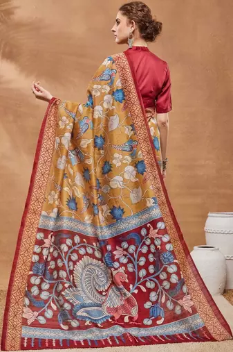 Mustard printed silk blend ethnic saree with blouse piece