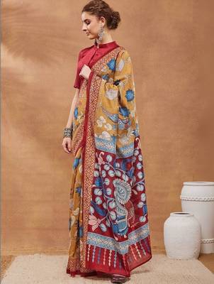Mustard printed silk blend ethnic saree with blouse piece 3
