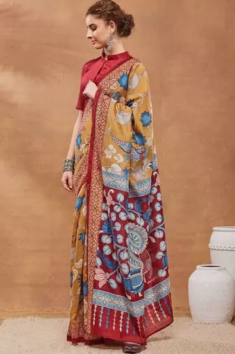 Mustard printed silk blend ethnic saree with blouse piece